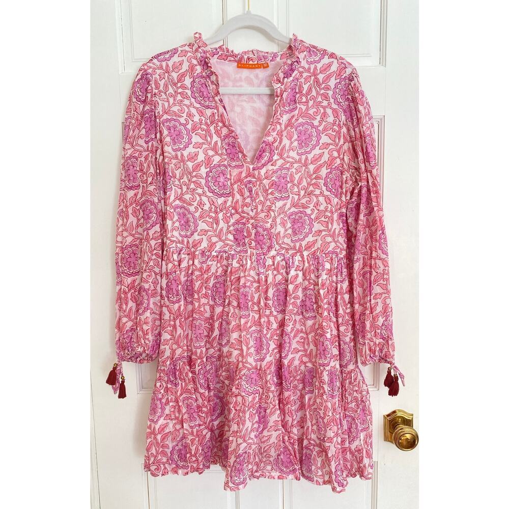 OLIPHANT Tuckernuck Long Sleeve Blouseon Yoke Mini Short Dress Malta Pink Print - Picture 5 of 9